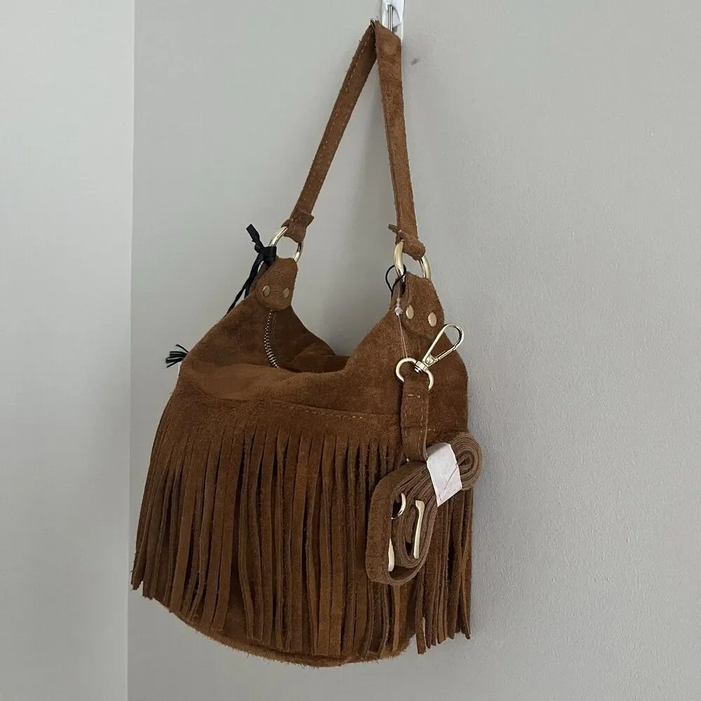 NWT Marlon Italy Suede Leather Fringe Hobo Bag Brown Western Cowgirl Festival